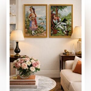Vintage Framed Needlepoint Wall Art Set European Folk & Pastoral - Mid Century